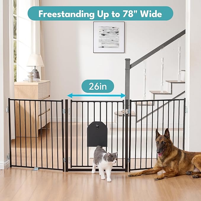 No Pawblems Dog Gate with Cat Door, Free Standing 30'' Tall Foldable Dog Fence - Image 5