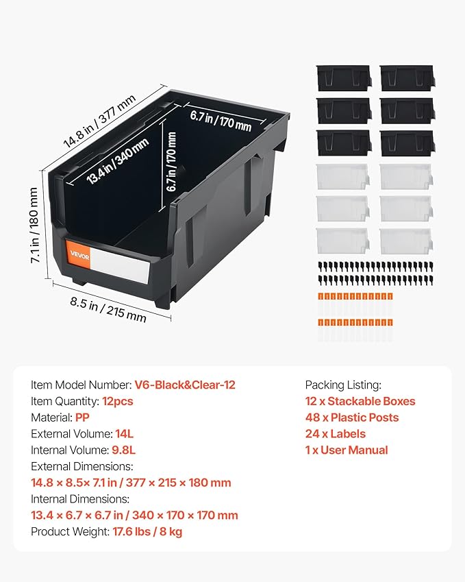 VEVOR Plastic Stackable Storage Bins, 14.8 x 8.5 x 7.1 inch, Plastic Containers - Image 7
