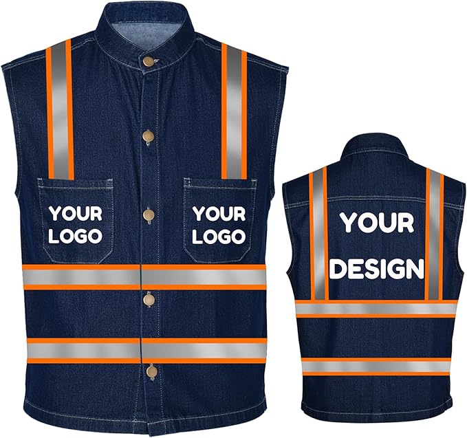 YOWESHOP Men's Reflective Safety Denim Vest，Custom Safety Outdoor Denim Work by YOWESHOP