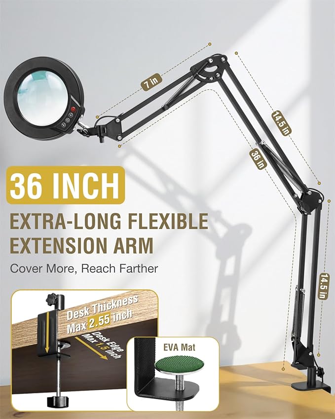 10X Magnifying Glass with Light and Clamp, Ultra Long 3 Section Swing Arm LED - Image 4
