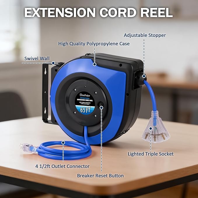 65Ft Heavy Duty Cord Reel, Retractable Extension Cord, 12AWG/3C SJTOW, Lighted - Image 8
