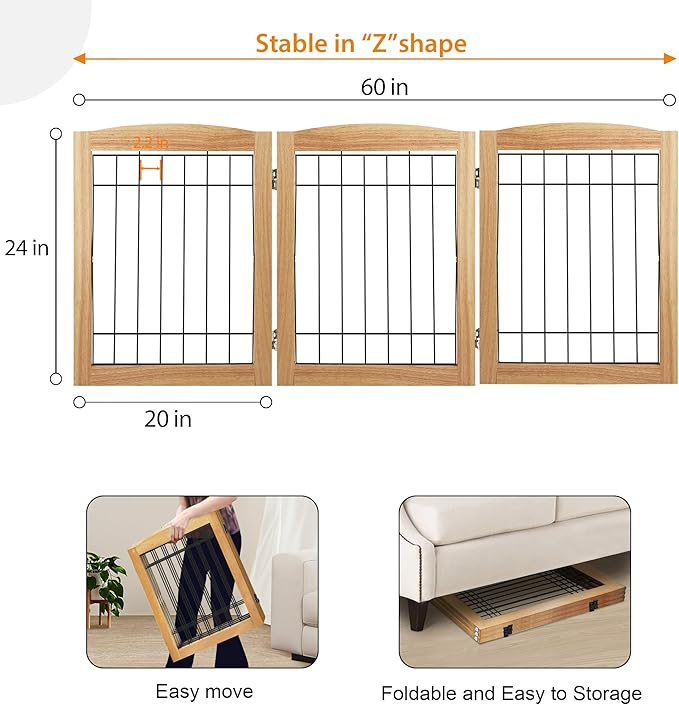 LZRS 3-Panel Freestanding Foldable Wooden Dog Gate –Solid Wood & Steel Wire - Image 5