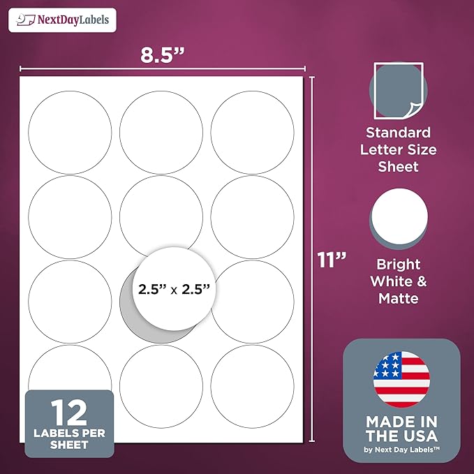 NextDayLabels - 2.5 Inch Round Sticker Labels - Matte White Blank Laser/Inkjet - Image 2