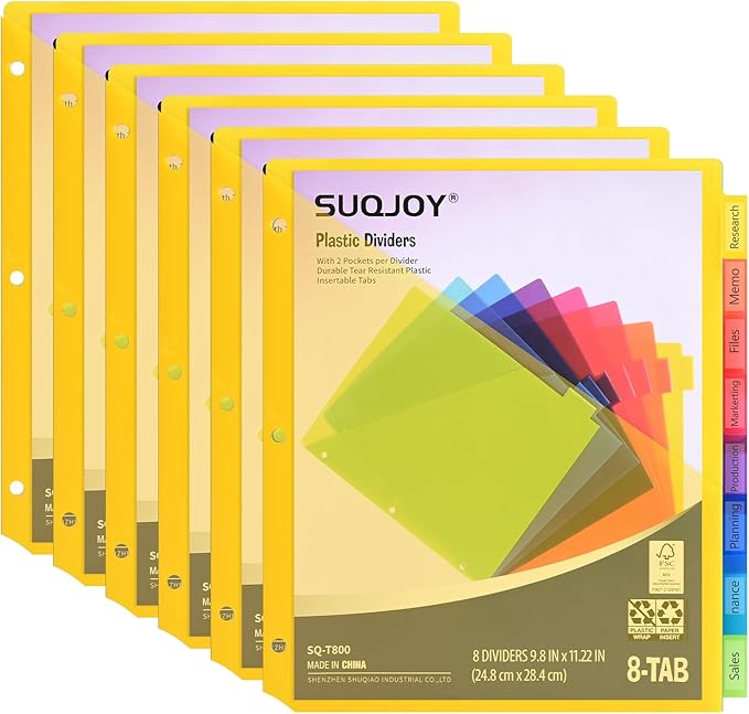 8-Tab Dividers for 3 Ring Binder, Subject Dividers, 3-Hole Plastics Sheets by SUQJOYOFFICE