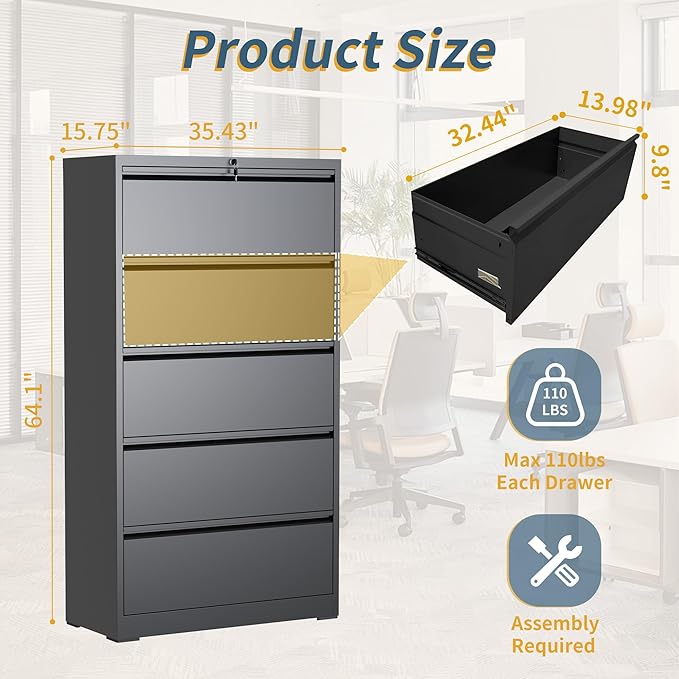 5 Drawer File Cabinet with Lock, Lateral Filing Cabinets, Metal Storage Filing - Image 3