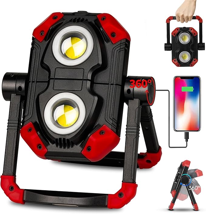 Yzoni LED Work Light Rechargeable, 2 COB 2500LM Folding Portable Flood Light by Yzoni