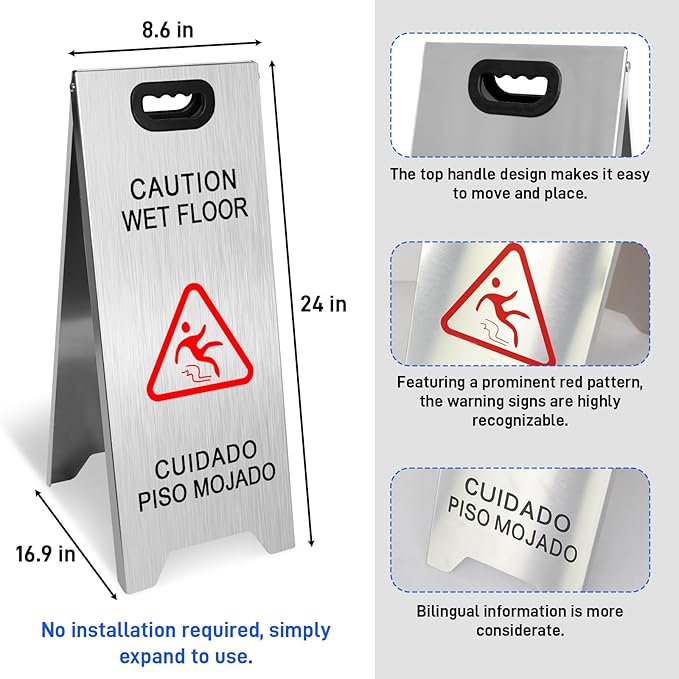 4 Pack Stainless Steel Wet Floor Sign, 24 Inch Caution Wet Floor Sign Portable - Image 2