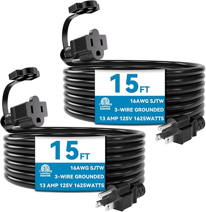 K KASONIC - 15 Feet Outdoor Extension Cord, ETL Listed, SJTW 16AWG/13A 3 Prong by KASONIC