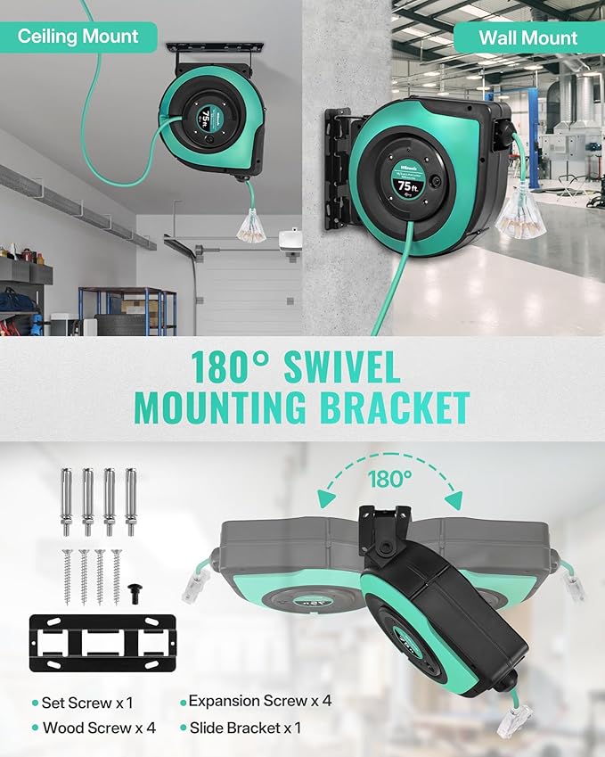 Retractable Cord Reel, 75 FT Heavy Duty Extension Cord, 14AWG/3C SJTOW - Image 2