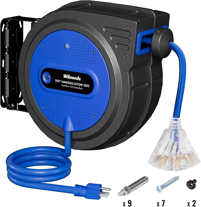 75 FT Retractable Extension Cord Reel, Heavy Duty Extension Cord, 14AWG/3C SJTOW by Wilawels