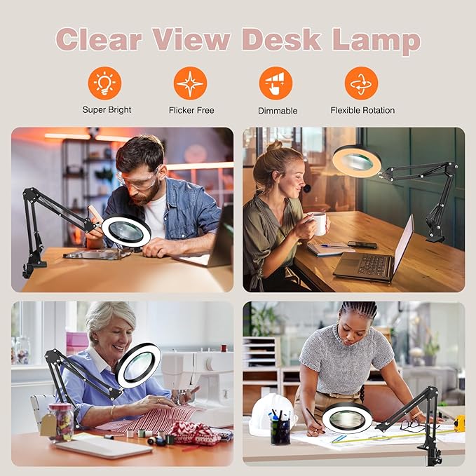 Magnifying Glass Light Clamp Desktop Lamp Stand Desk Table Close Work Up - Image 7