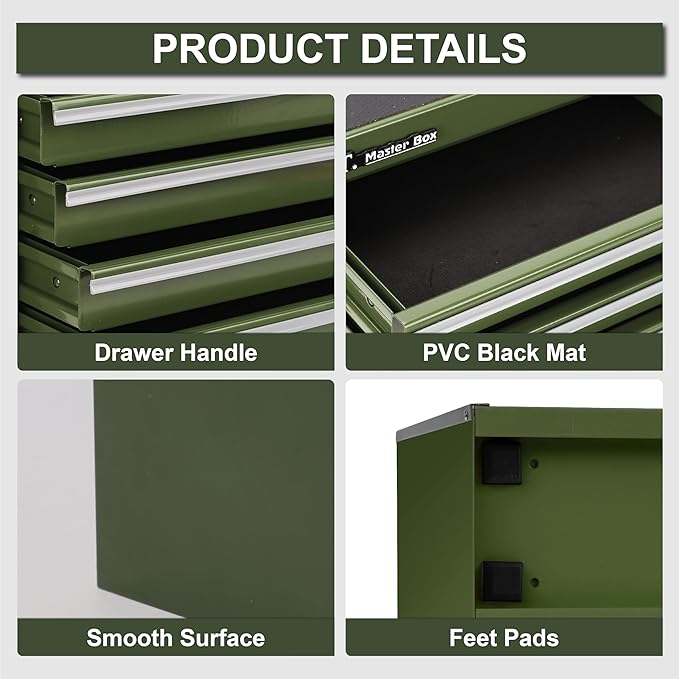 P.I.T. Mini Army Green Tool Box, Portable 5-Drawer Micro Roll Cab Steel Tool Box - Image 4