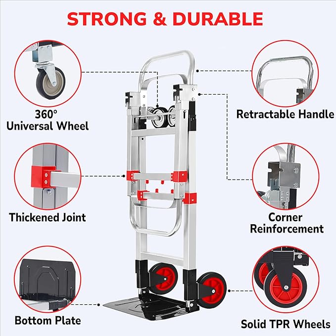 Upgraded 3 in 1 Aluminum Folding Hand Truck, 600lbs Capacity, Heavy Duty - Image 5