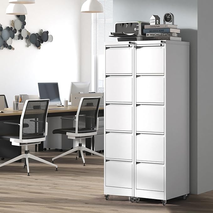 5 Drawer File Cabinet with Wheels, Metal Mobile Filing Cabinets with Lock - Image 2