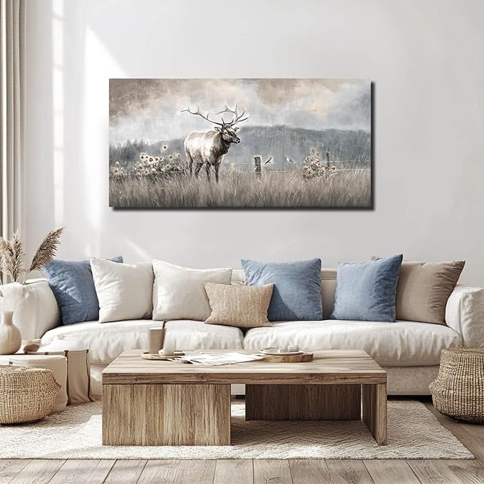 ZHENGYIN Elk & Wildflowers Canvas Wall Art, Western Deer Wildlife Meadow - Image 2