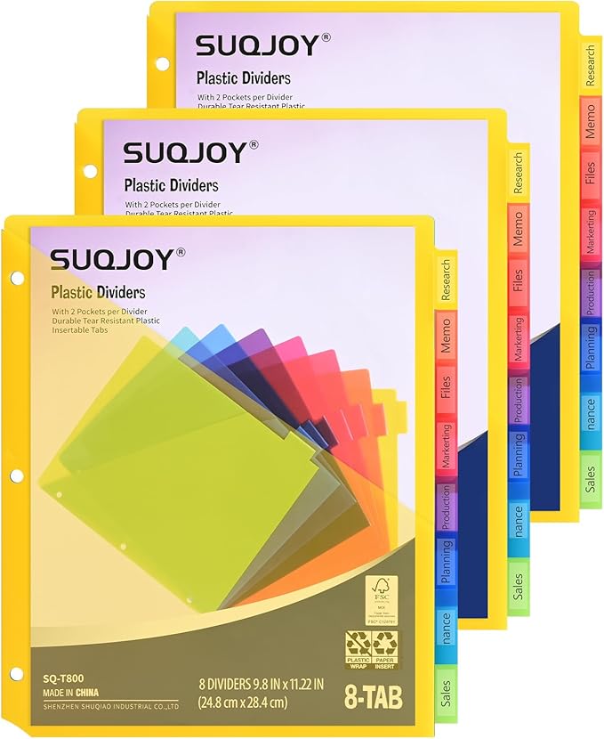 8-Tab Dividers for 3 Ring Binder, Subject Dividers, 3-Hole Plastics Sheets by SUQJOYOFFICE