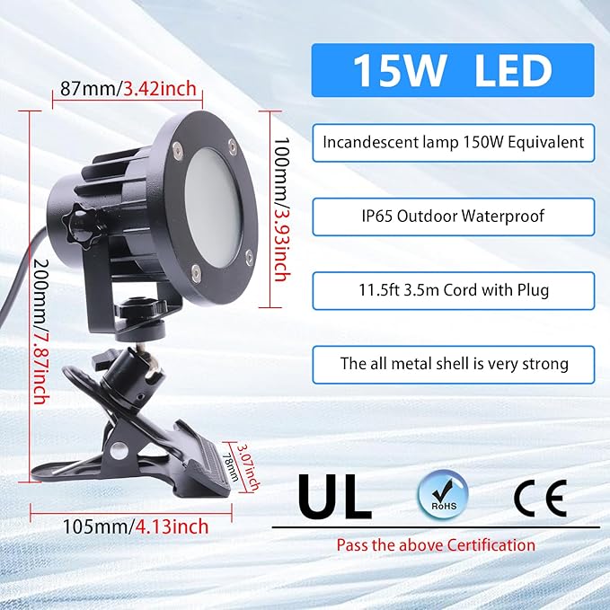 Clip Floodlight 15W LED Work Light IP65 Waterproof 150W Equivalent 11.5ft 3.5m - Image 2