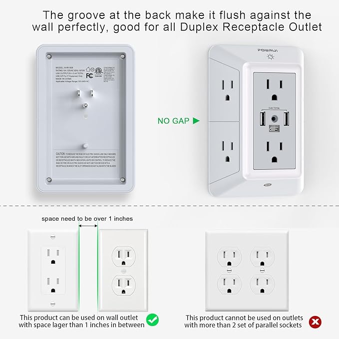 USB Wall Charger, Surge Protector, POWRUI 6-Outlet Extender - Image 3