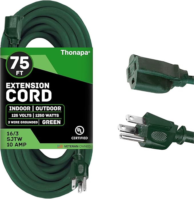 Weatherproof Outdoor Extension Cord 75 ft, 16/3 SJTW 75ft Green Extension Cord by Thonapa