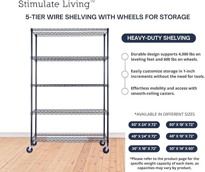 48"x18"x72" PRIME HEAVY DUTY Black 5-Tier Wire Shelving NSF 4000 LBS MAX - Image 6
