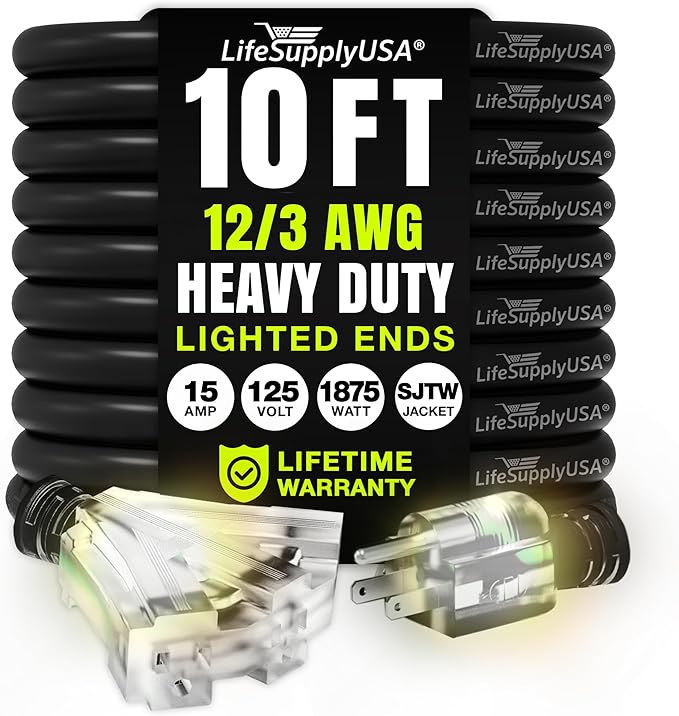10ft Outdoor/Indoor Extension Cord 3-Outlet 12/3 Gauge Extra Heavy Duty 3 Prong by LifeSupplyUSA