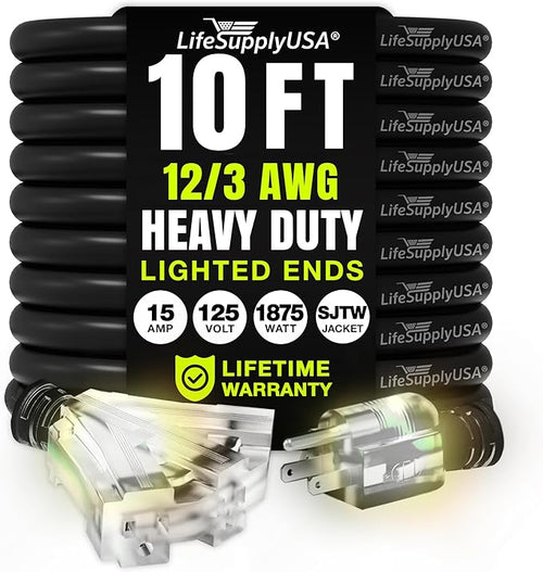 10ft Outdoor/Indoor Extension Cord 3-Outlet 12/3 Gauge Extra Heavy Duty 3 Prong by LifeSupplyUSA