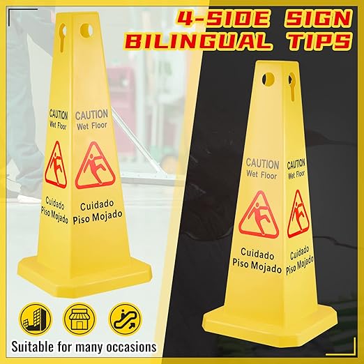 Floor Safety Cone Yellow Caution Wet Floor Sign 4 Sided Wet Cone Sign Public - Image 3