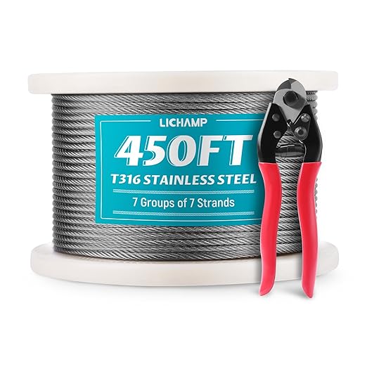 Lichamp 450FT 1/8" Stainless Steel Wire Rope Cable, Aircraft 316 SS Braided by Lichamp
