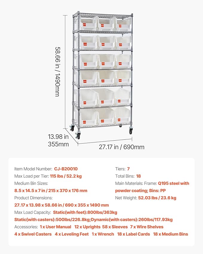 VEVOR 7-Tier Rolling Bin Storage Rack, 18 Organizer Bins, Bin Rack Storage - Image 7