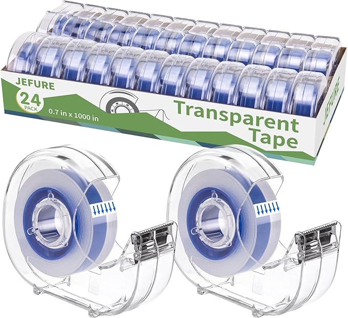 24 Pcs Transparent Tape with Dispenser, 0.7 x 1000 in Blue Core Clear Tape by JEFURE