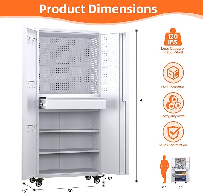 Metal Storage Cabinet with Drawers, Locking Garage Tool Cabinets on Wheels with - Image 3