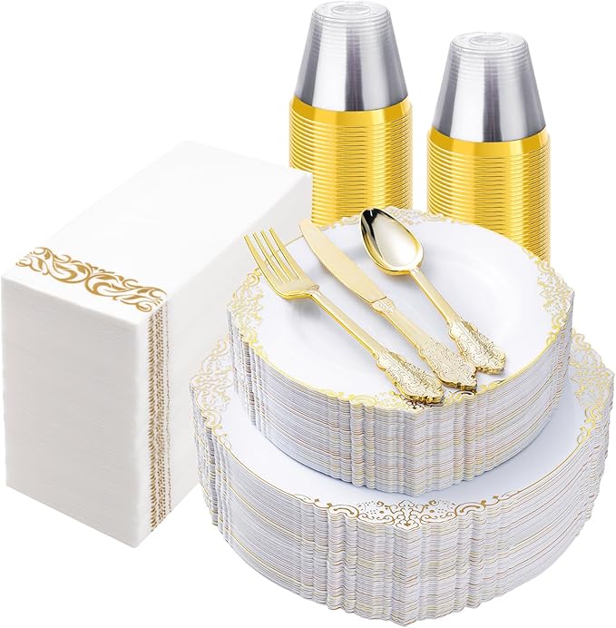 350PCS White and Gold Plastic Plates by Bestluck
