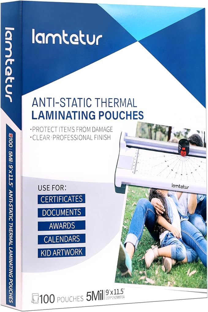 Anti-Static Thermal Laminating Pouches 9x11.5 Inches, Holds 8.5 x 11 Inch Sheets by Lamtetur