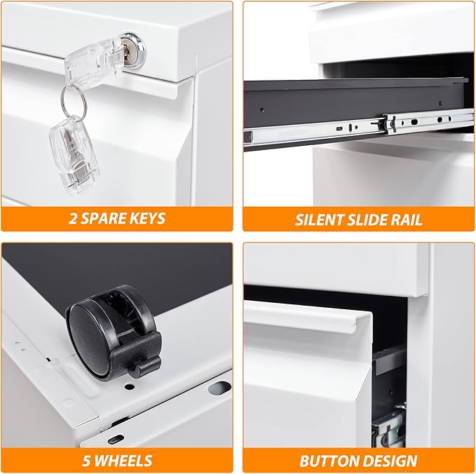 3 Drawer File Cabinet with Wheels, Metal Filing Cabinet with Lock, Office - Image 6