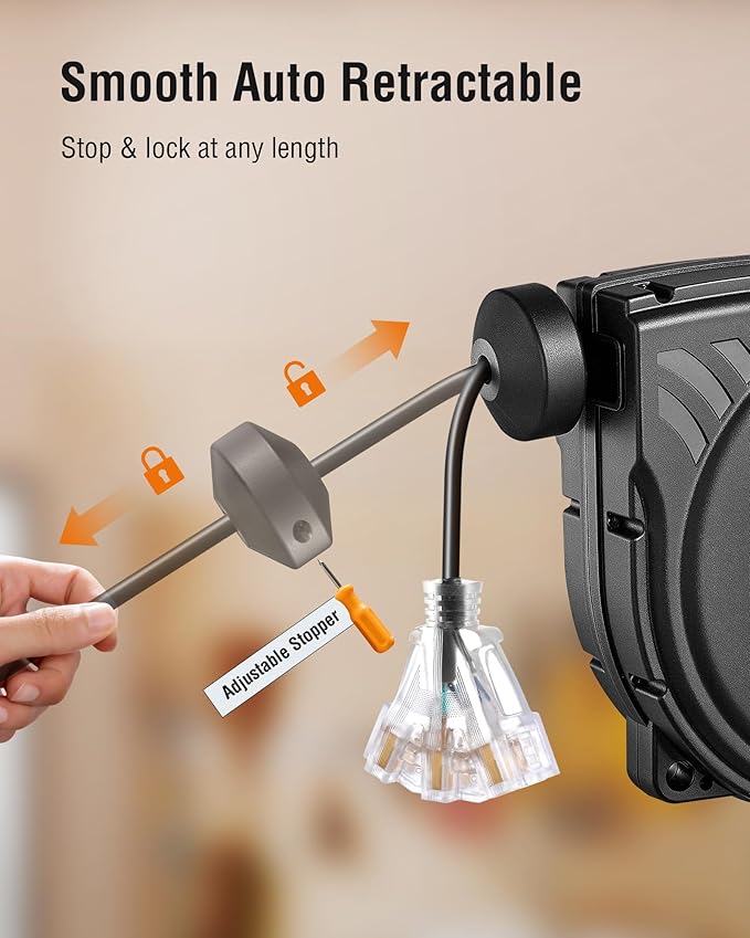SURAIELEC 30 FT Retractable Extension Cord Reel, 16AWG SJTW Power Cord - Image 4