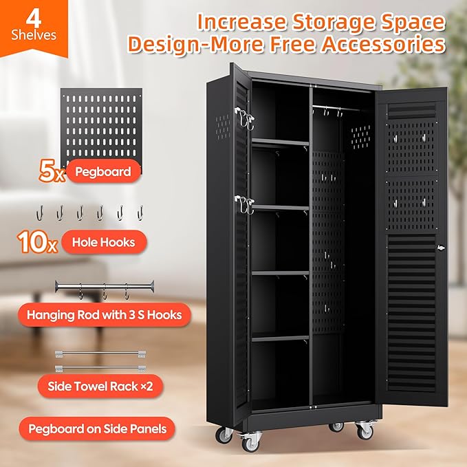 Aobabo Metal Broom Closet Storage Cabinets, Steel Mop and Broom Cabinet - Image 4