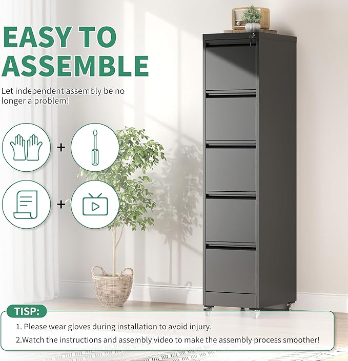5 Drawer Mobile File Cabinet, Under Desk File Cabinet, Metal Filing Cabinets - Image 3