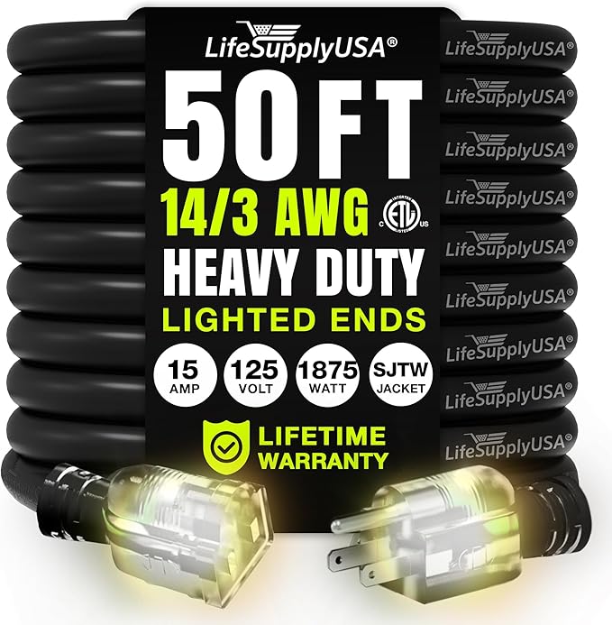 50ft Outdoor/Indoor Extension Cord 14/3 Gauge Heavy Duty 3 Prong SJTW, by LifeSupplyUSA
