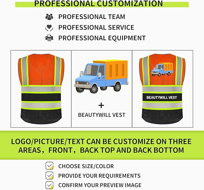 BeautyWill Custom Logo 10/20 Pack Safety Vest Class2 High Visibility Vest - Image 4