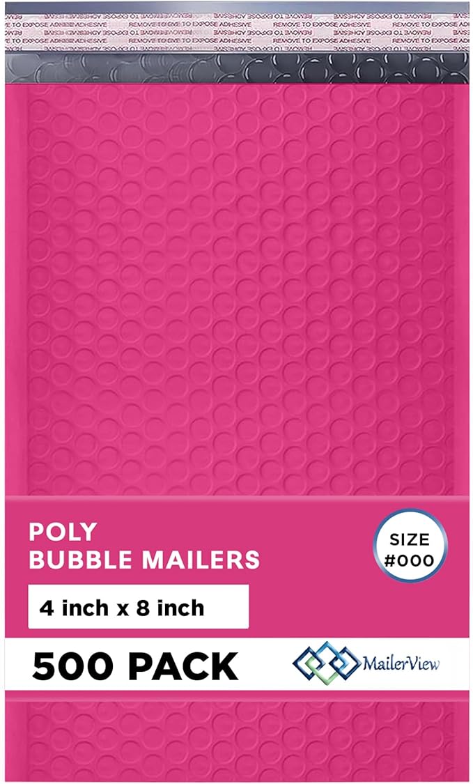 Hot Pink Small Bubble Mailers 4x8 Inch #000 | Thick Padded Poly Bubble Mailer by MAILERVIEW
