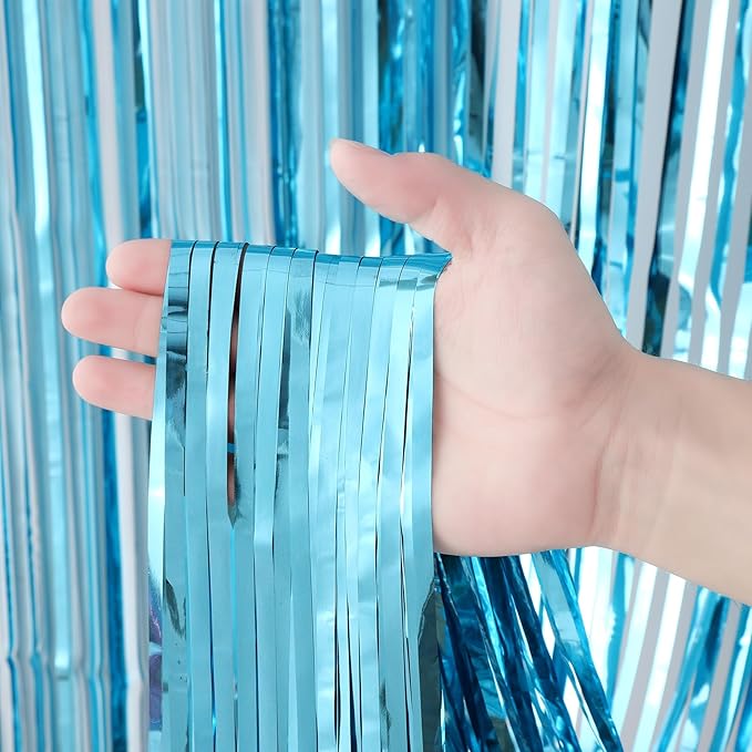 3 Pack 3.3x8.2 Feet Light Blue Foil Fringe Backdrop Curtains, Tinsel Streamers - Image 2