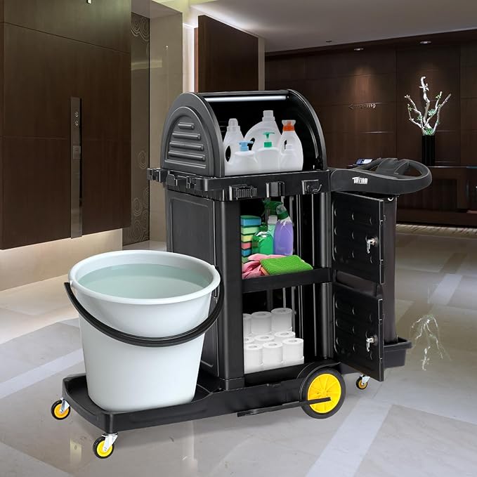 TUFFIOM Janitorial Cart with Key-Locking Cabinet, 3-Shelf Commercial Cleaning - Image 9
