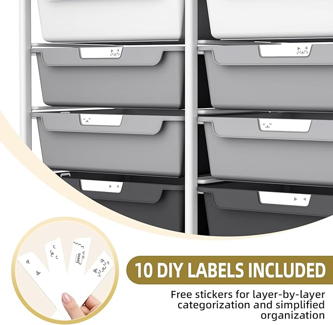 10 Drawers Rolling Cart with Wooden Tabletop, Utility Storage Cart with Wheels - Image 6