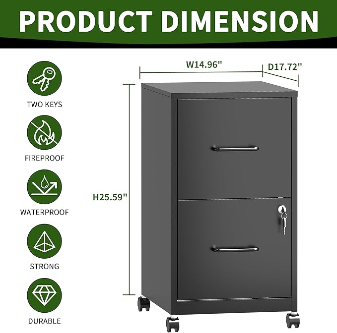 2 Drawer Mobile File Cabinet, Metal Under Desk Filing Cabinet - Image 3