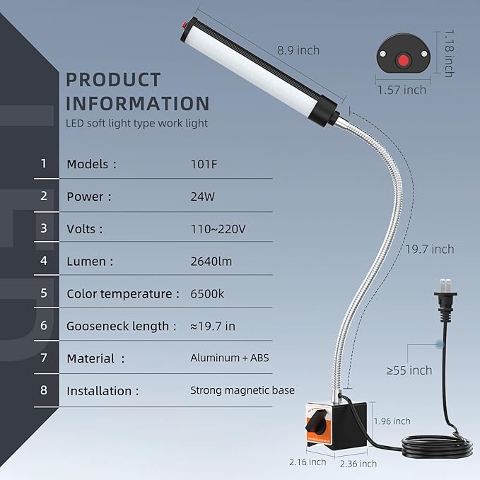 24W LED Magnetic Work Light, 2400 Lumen Flexible Gooseneck Work Light - Image 6