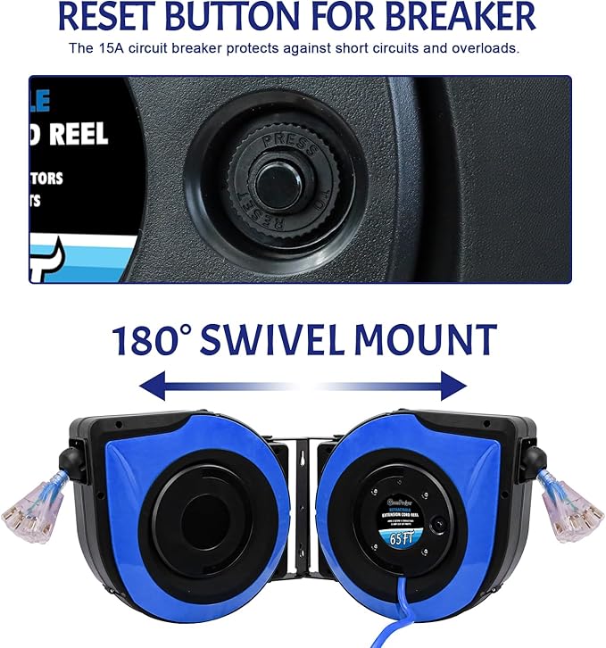 65Ft Heavy Duty Cord Reel, Retractable Extension Cord, 12AWG/3C SJTOW, Lighted - Image 4