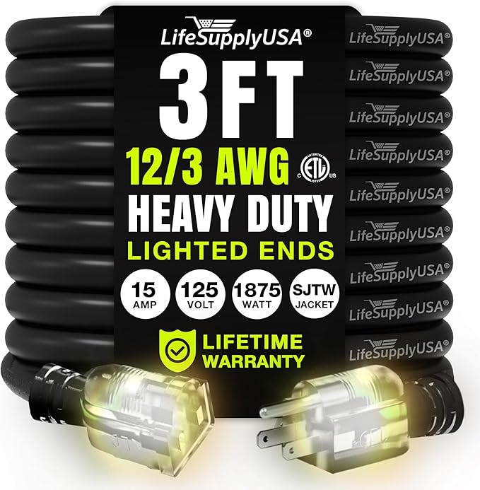 3ft Outdoor/Indoor Extension Cord 12/3 Gauge Extra Heavy Duty 3 Prong SJTW by LifeSupplyUSA