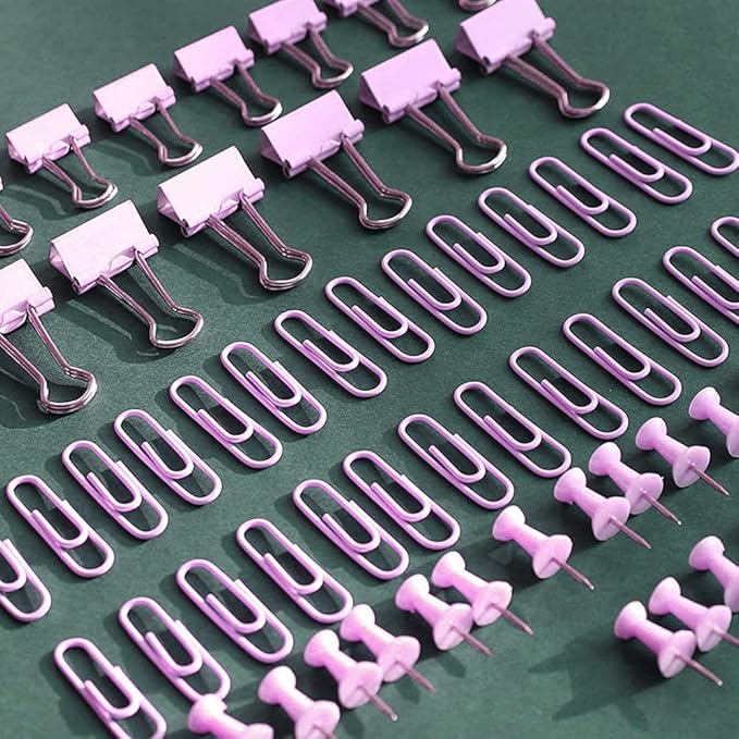 Purple Paper Clips and Binder Clips Set, Metal Assorted Sized Binders - Image 3