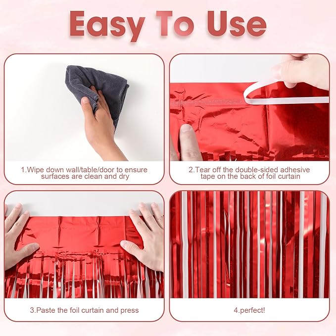 3 Pack 3.3 x 8.2 ft Laser Red Foil Fringe Backdrop Curtains, Tinsel Streamers - Image 5