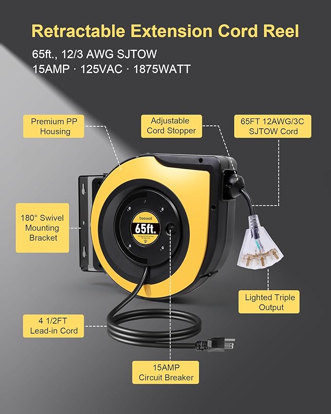 Retractable Extension Cord Reel, 65FT 12AWG/3C SJTOW Heavy Duty Power Cord - Image 2